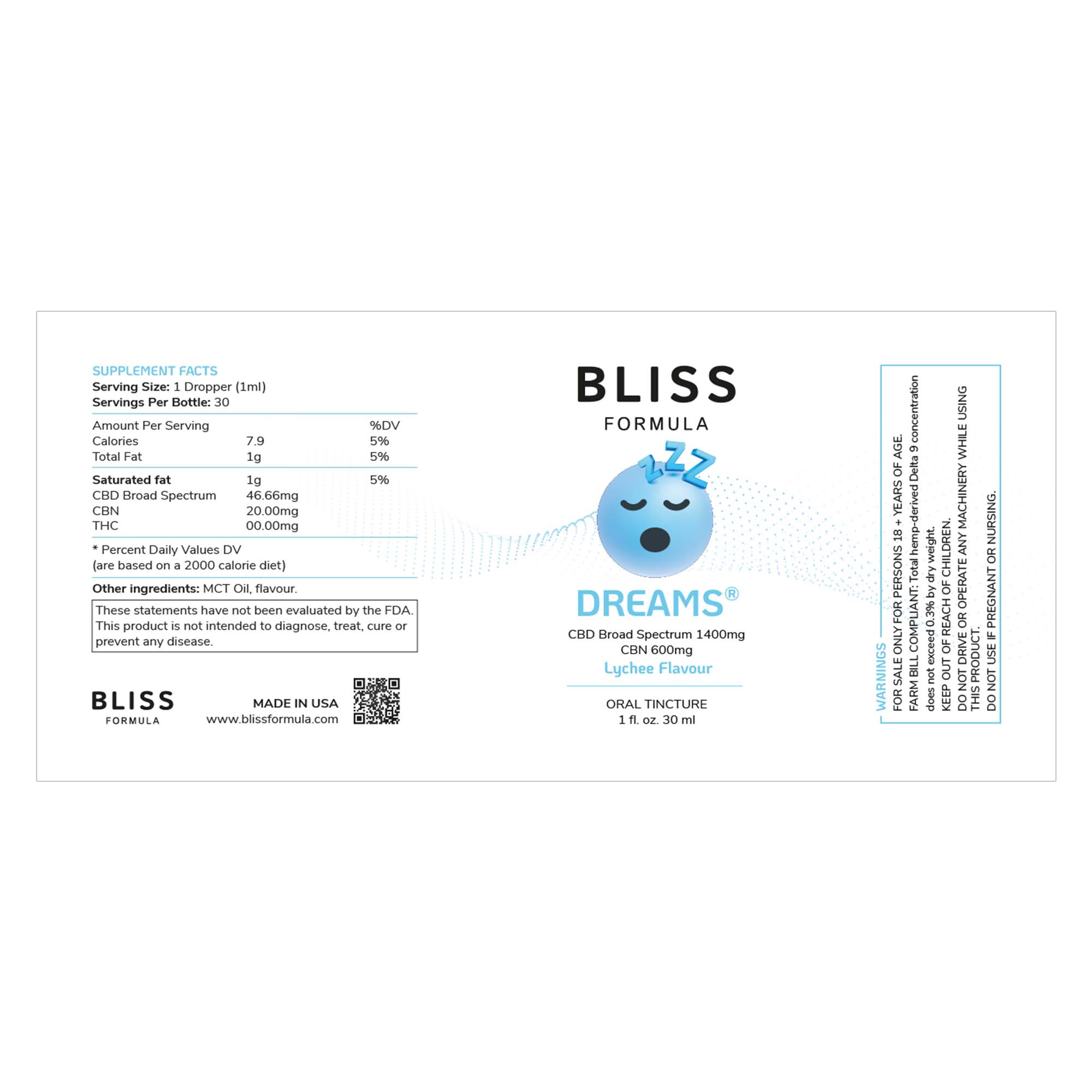 DREAMS® 30ml Tincture (1400mg Broad Spectrum CBD + 600mg CBN Isolate)