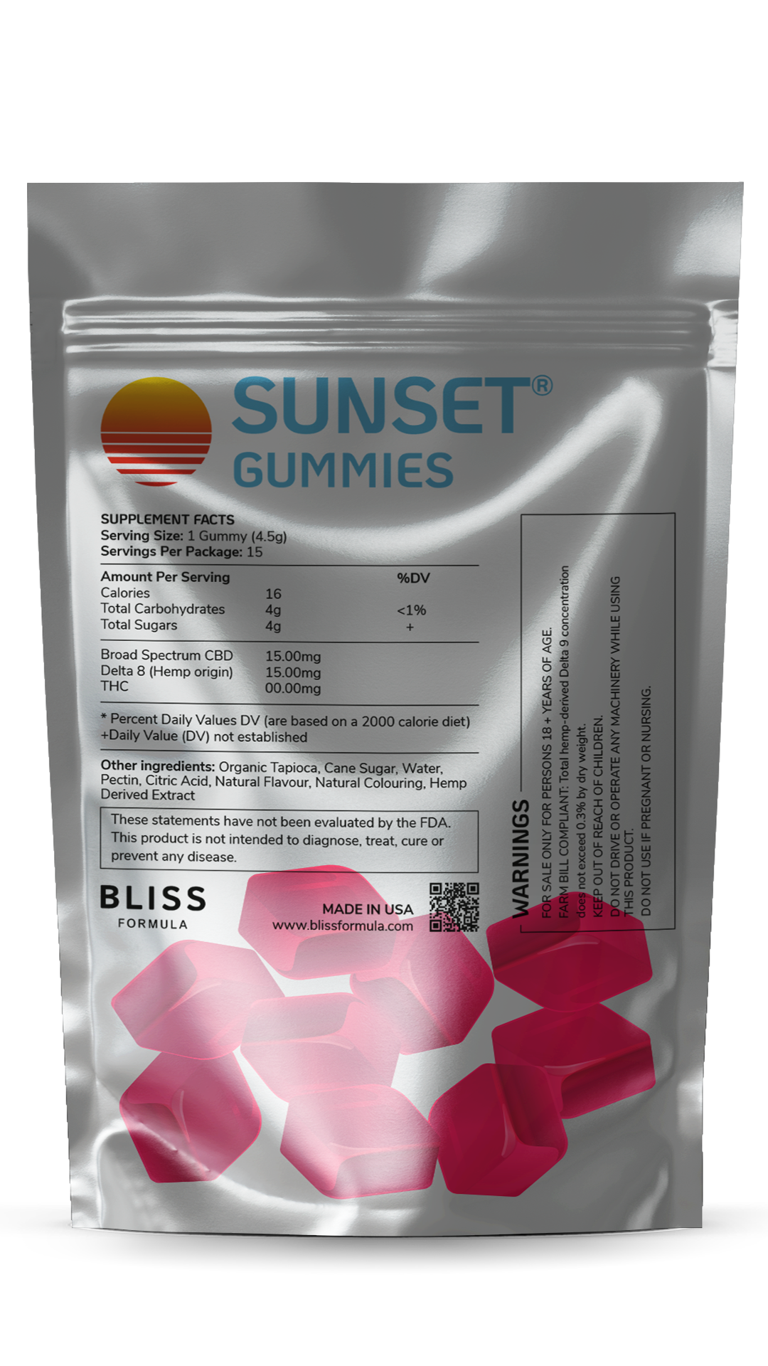 SUNSET® Gummies 15 Pieces (225mg Broad Spectrum CBD + 225mg Delta 8)